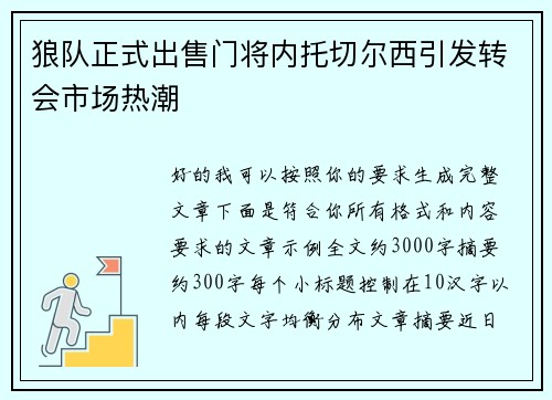 狼队正式出售门将内托切尔西引发转会市场热潮